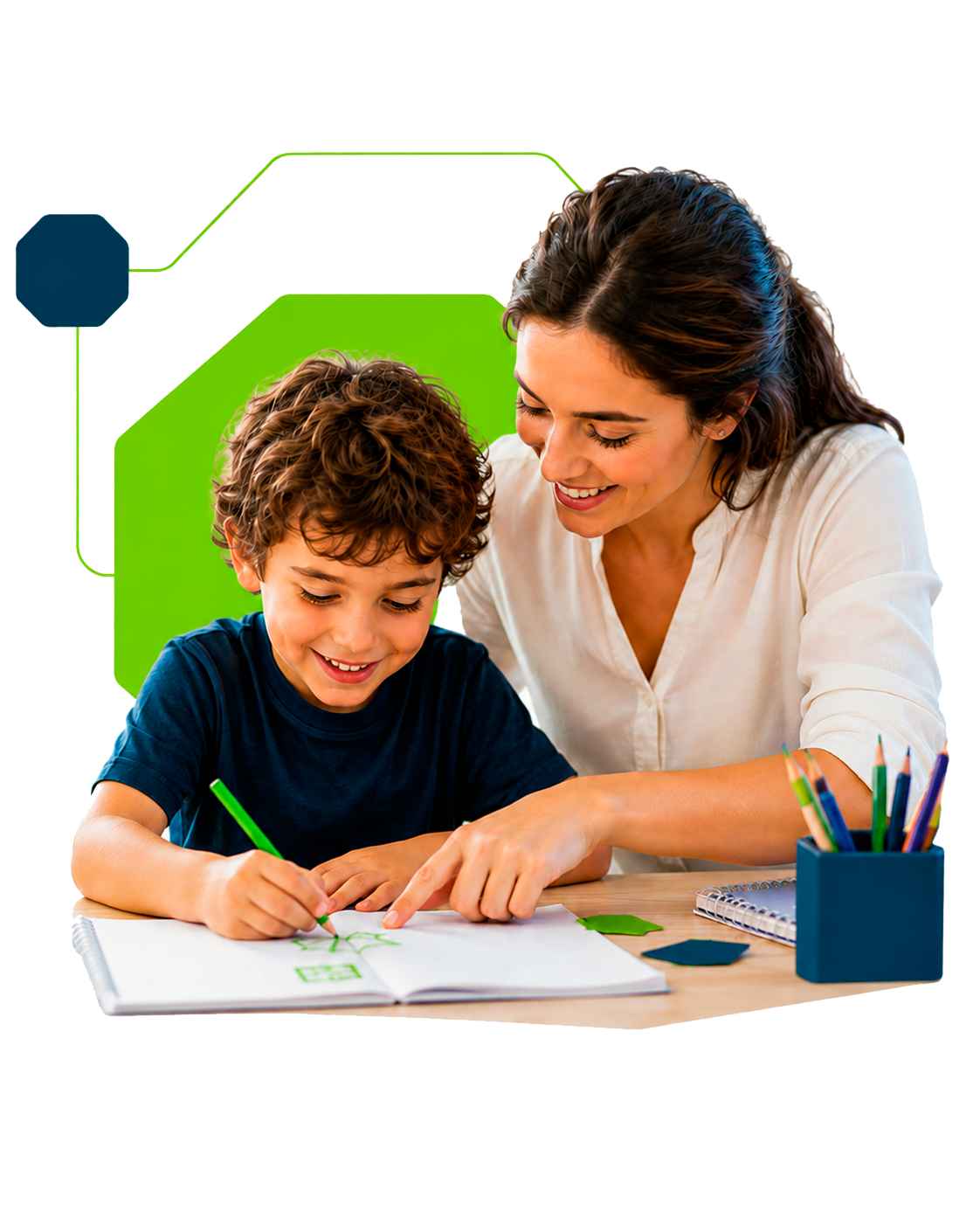 Mãe e filho compartilhando momento de aprendizagem